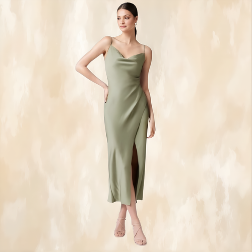 Chantelle Satin Drape Midi Dress Sage